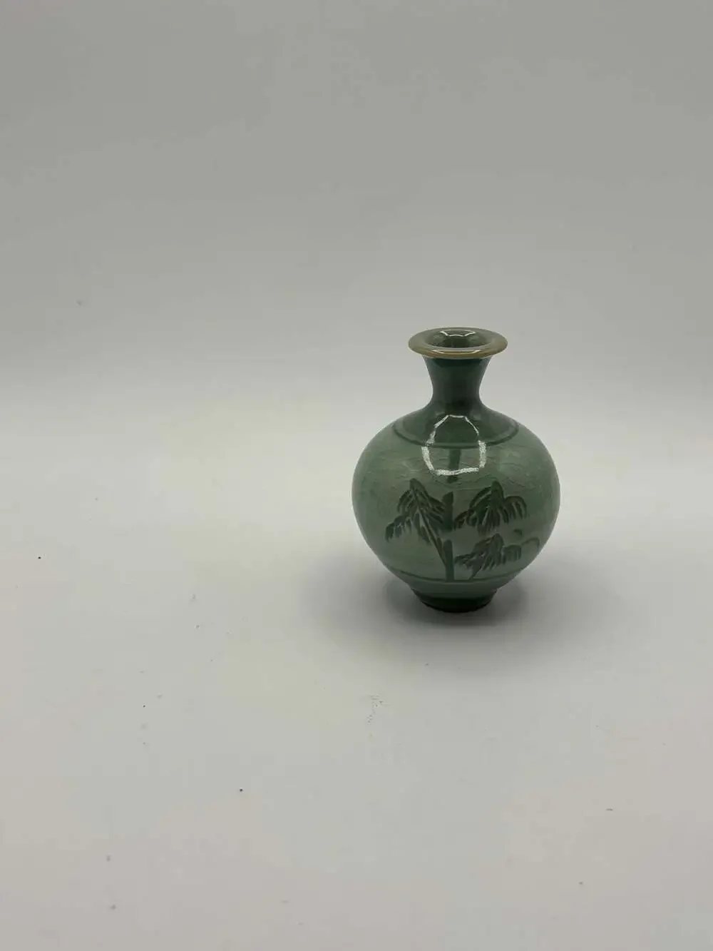 Miniature Celadon Green Crackle Glaze Pottery Vase with Hand-Painted Orchid Moti